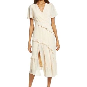 Lulus Ivory Swiss Dot Midi Dress – Size M | Wrap Style with Ruffle Details